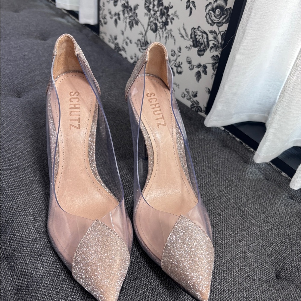 SCHUTZ Rose Gold Glitter Pointed-Toe Pumps with Clear Panels